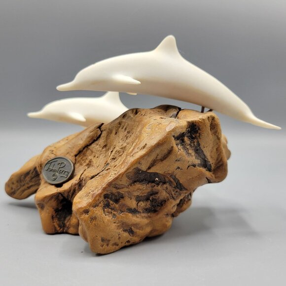 Vintage John Perry White Dolphin Sculpture On Driftwood Base 4" Tall - Picture 11 of 14